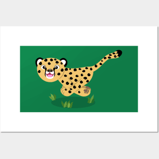 Cute baby cheetah running cartoon illustration Posters and Art